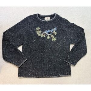 Woolrich Womens Sweater M Petite Gray Bird Embroidered Wool Blend Blue Jay